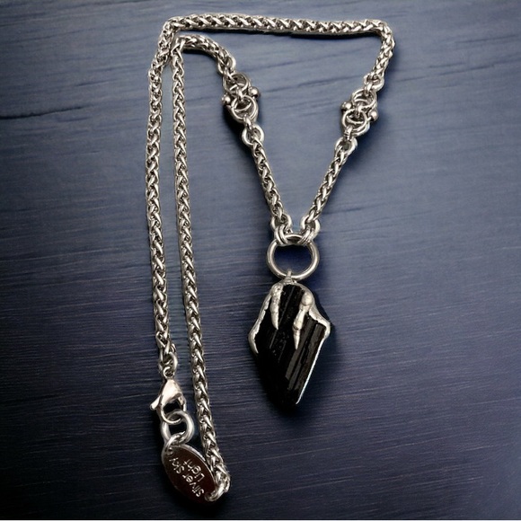 Black raw natural tourmaline gemstone electroplated charm steel boho necklace - Picture 2 of 16